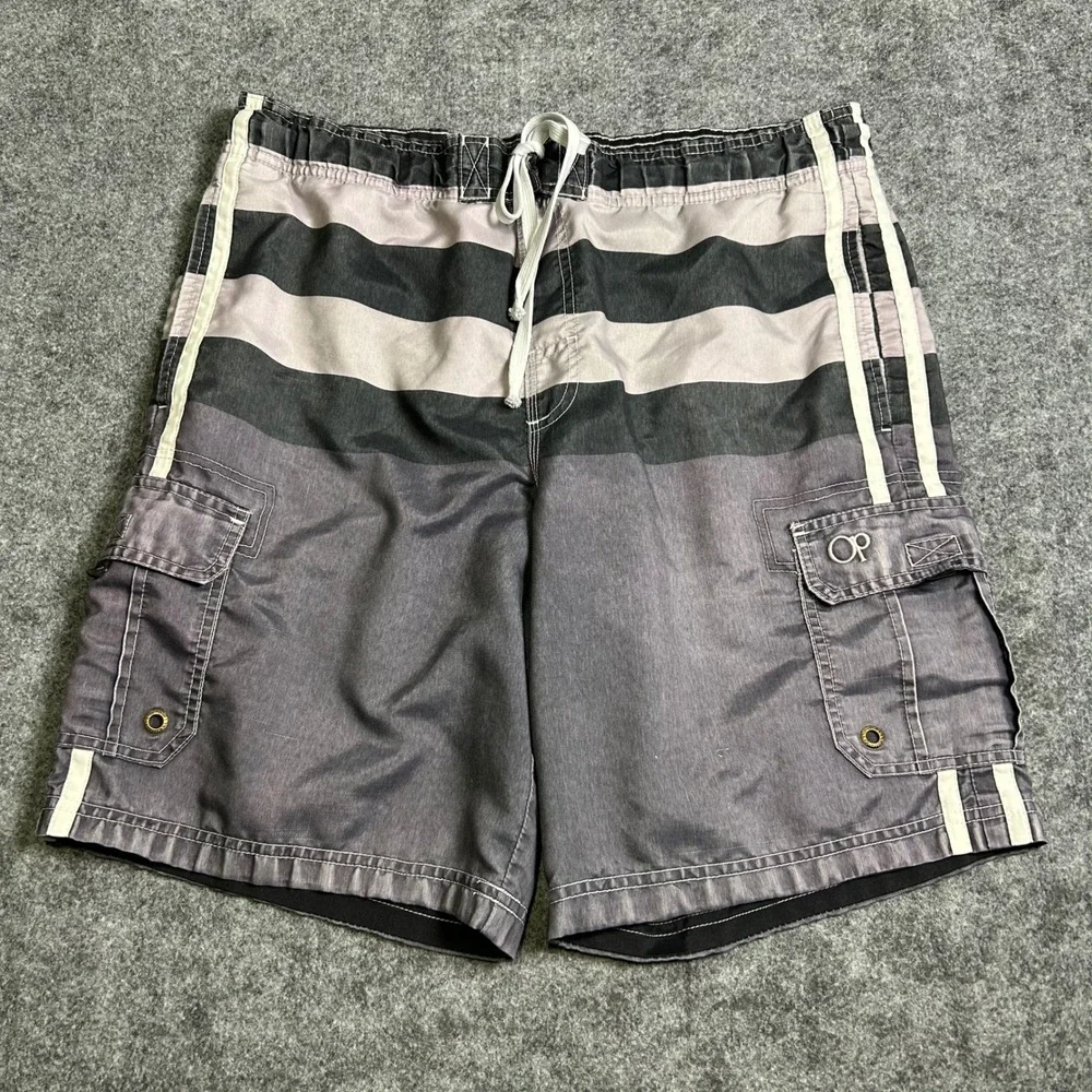 Ocean Pacific OP Striped Cargo Board Shorts Grey Black Y2K Skater Mens Size M
